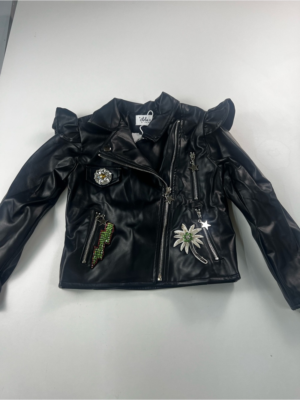 Lola + The Boys Crystal Patch Ruffle Black Faux Leather Jacket Size 6T
